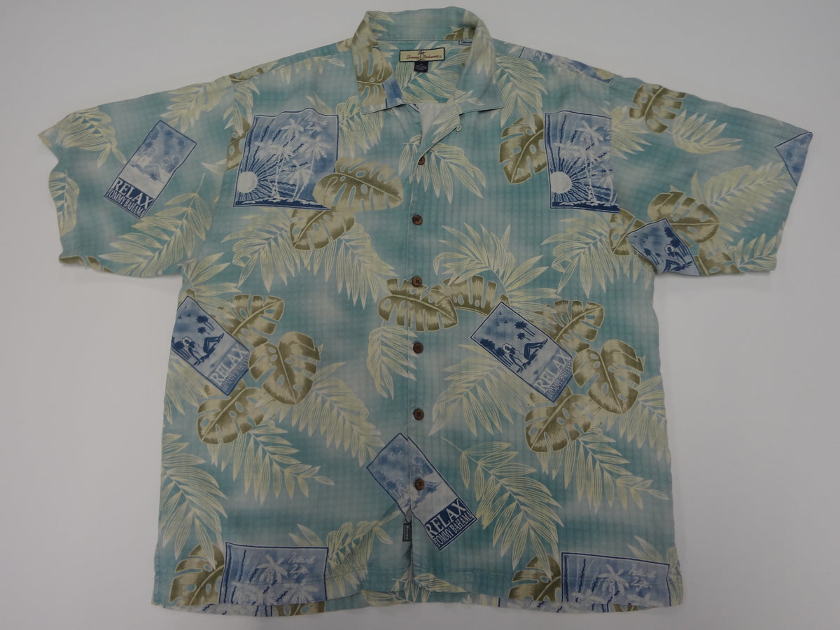 Vintage Blue and White Silk Tommy Bahama Shirt 100% Silk 
