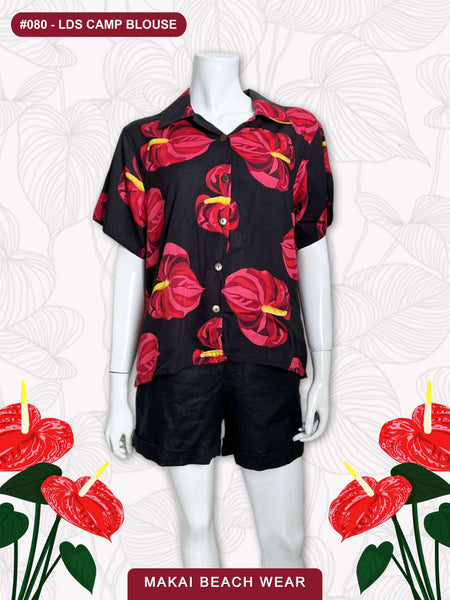 Ladies Camp Blouse - Anthurium Solo --- Black - Cream