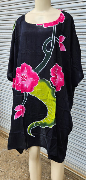 Hand Painted Caftan Poncho - Floral Cluster -  Black - Turquoise - Purple