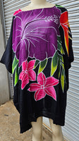 Hand Painted Caftan Poncho - Hibiscus Bouquet - Black, Blue, Turquoise, Red