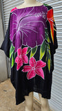 Hand Painted Caftan Poncho - Hibiscus Bouquet - Black, Blue, Turquoise, Red