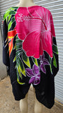 Hand Painted Caftan Poncho - Hibiscus Bouquet - Black, Blue, Turquoise, Red