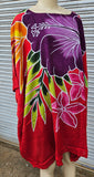 Hand Painted Caftan Poncho - Hibiscus Bouquet - Black, Blue, Turquoise, Red