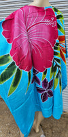 Hand Painted Caftan Poncho - Hibiscus Bouquet - Black, Blue, Turquoise, Red