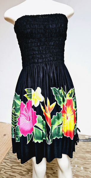 Ladies Hand Painted Tube Dress -- HIbiscus ---Black - Blue - Turquoise - Red
