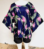 Kimono Sleeved Top  -  Bird of Paradise --- Navy Blue - Beige