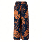 Black & Brown Monstera Tropical Wide-Leg Palazzo Pants