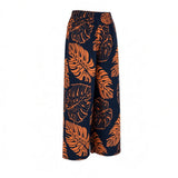 Black & Brown Monstera Tropical Wide-Leg Palazzo Pants