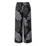 Black & Gray Monstera Tropical Wide-Leg Palazzo Pants