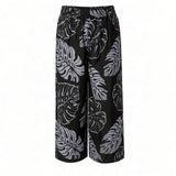 Black & Gray Monstera Tropical Wide-Leg Palazzo Pants
