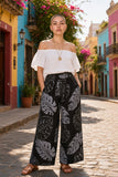 Black & Gray Monstera Tropical Wide-Leg Palazzo Pants