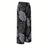 Black & Gray Monstera Tropical Wide-Leg Palazzo Pants