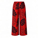 Red & Black Monstera Tropical Wide-Leg Palazzo Pants