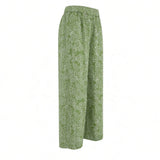 Sage Green Puka Monstera Tropical Wide-Leg Palazzo Pants