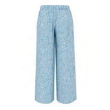 Sky Blue Puka Monstera Tropical Wide-Leg Palazzo Pants