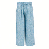 Sky Blue Puka Monstera Tropical Wide-Leg Palazzo Pants
