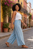 Sky Blue Puka Monstera Tropical Wide-Leg Palazzo Pants