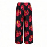 Black Solo Anthurium Tropical Wide-Leg Palazzo Pants