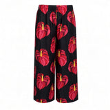 Black Solo Anthurium Tropical Wide-Leg Palazzo Pants