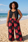Black Solo Anthurium Tropical Wide-Leg Palazzo Pants