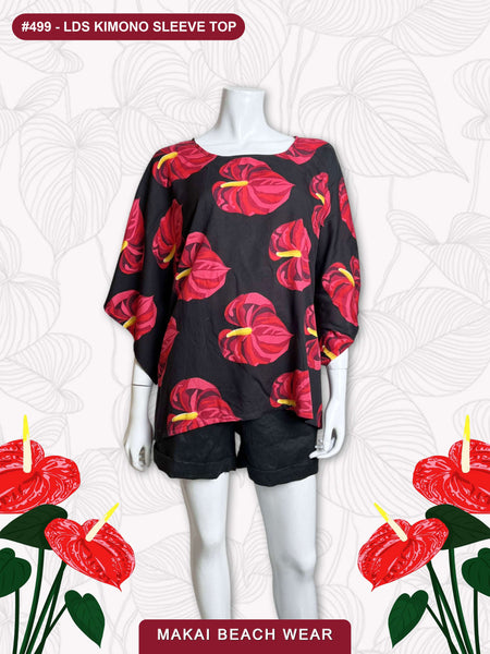 Ladies Kimono Top - Anthurium Solo -- Black - Cream