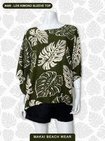 Ladies Kimono Sleeve Top - Monstera - Black, Olive, Salmon