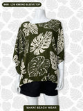 Ladies Kimono Sleeve Top - Monstera - Black, Olive, Salmon