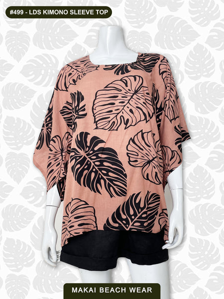 Ladies Kimono Sleeve Top - Monstera - Black, Olive, Salmon