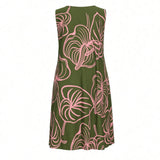 Green & Pink Anthurium Outline Tropical A-line Dress