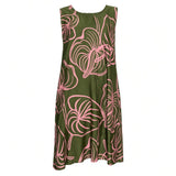 Green & Pink Anthurium Outline Tropical A-line Dress
