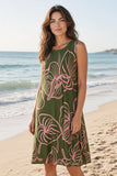 Green & Pink Anthurium Outline Tropical A-line Dress