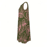 Green & Pink Anthurium Outline Tropical A-line Dress