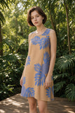 Tan & Blue Breadfruit Tropical A-line Dress