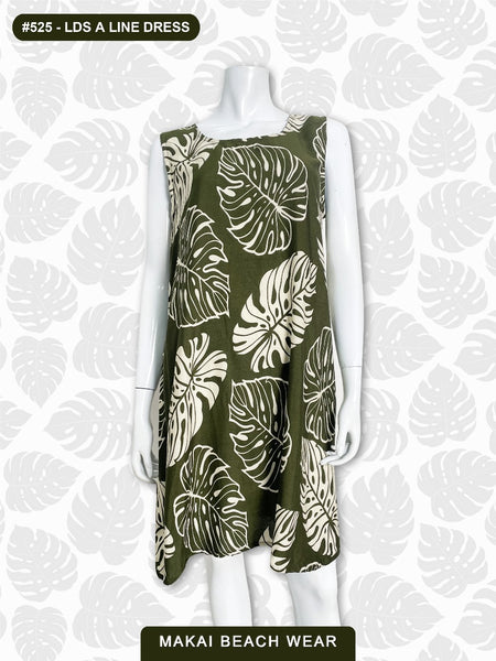 Ladies A-line Dress - Monstera - Green-- Salmon -- Black Black / XL Ladies A-line Dress - Monstera - Green-- Salmon -- Black Black / XL