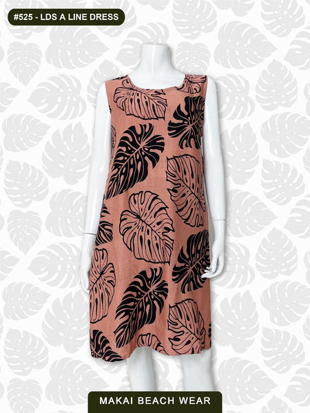 Ladies A-line Dress - Monstera - Green-- Salmon -- Black Black / XL Ladies A-line Dress - Monstera - Green-- Salmon -- Black Black / XL