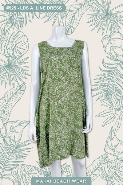 Ladies A-line Dress - Puka Monstera - Olive XL / Olive Green Ladies A-line Dress - Puka Monstera - Olive XL / Olive Green