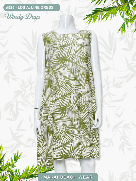 Ladies A-line Dress - Windy Days - Black & Sage Sage / S