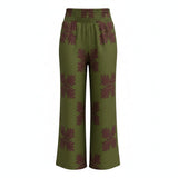 Olive Green & Plum Quilt Smocked Wide-Leg Pant