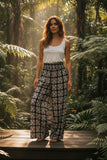 Black Patchwork Quilt Smocked Wide-Leg Pants