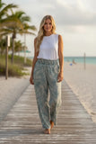 Sky Blue Winy Days Palm Frond Smocked Wide-Leg Pants